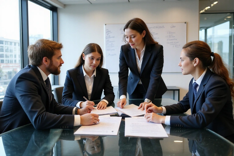Team discussing legal documents in a modern office
